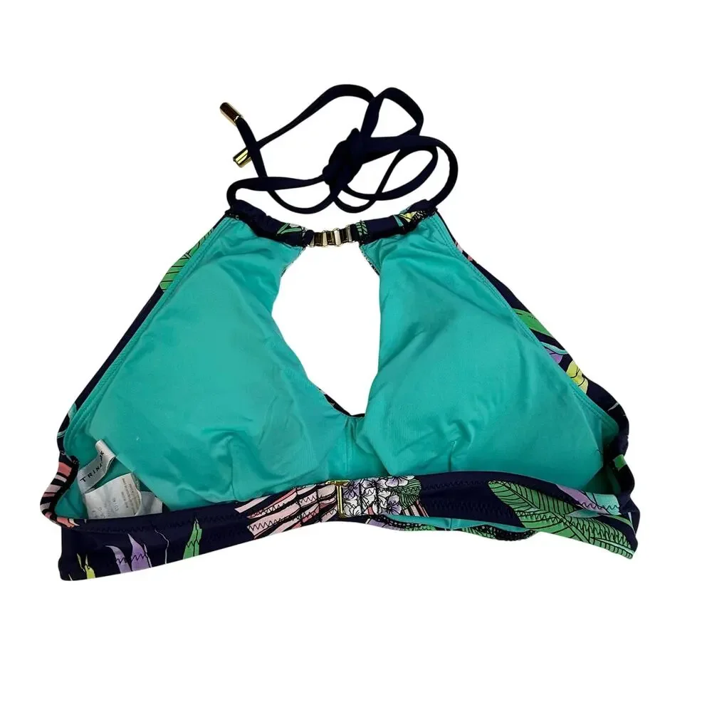 Trina Turk Tropical Floral Halter Bikini Set Navy Botanical Gold Hardware US 8 - Picture 11 of 14